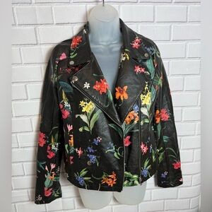 PATRIZIA LUCA Black Leather Jacket Bold Floral Print and Tailored Fit/size S